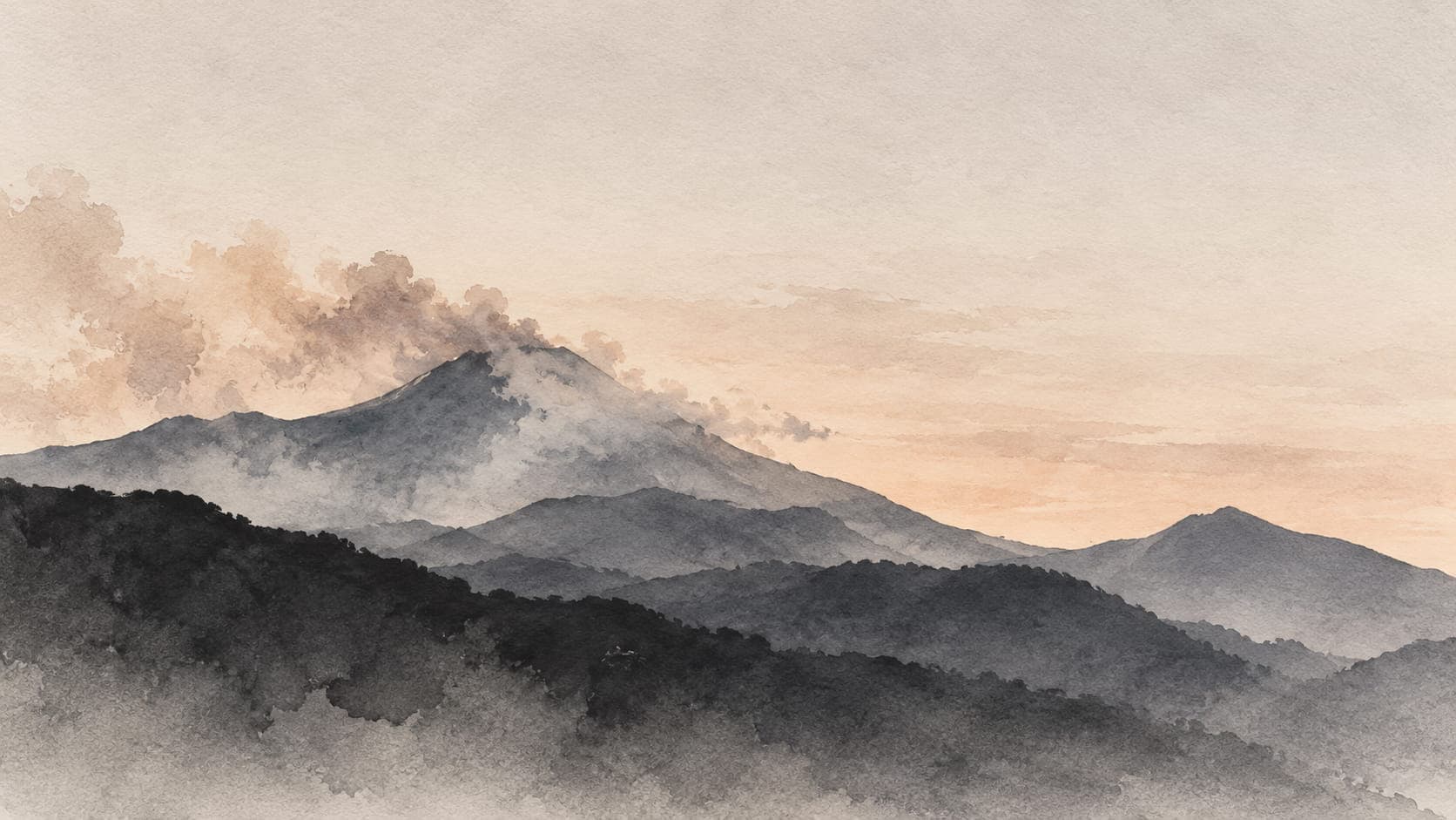 Watercolour of Etna at dusk, smoke billowing from the summit across a peach sky, with layered grey ridges and dark wooded hills below