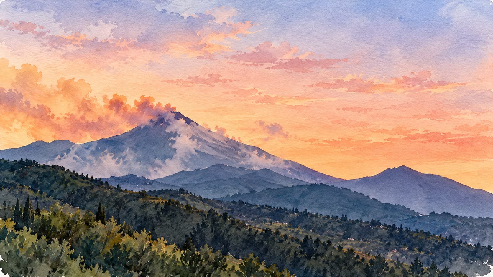 A watercolour of Etna at sunset, a plume drifting from the summit above dark wooded ridges