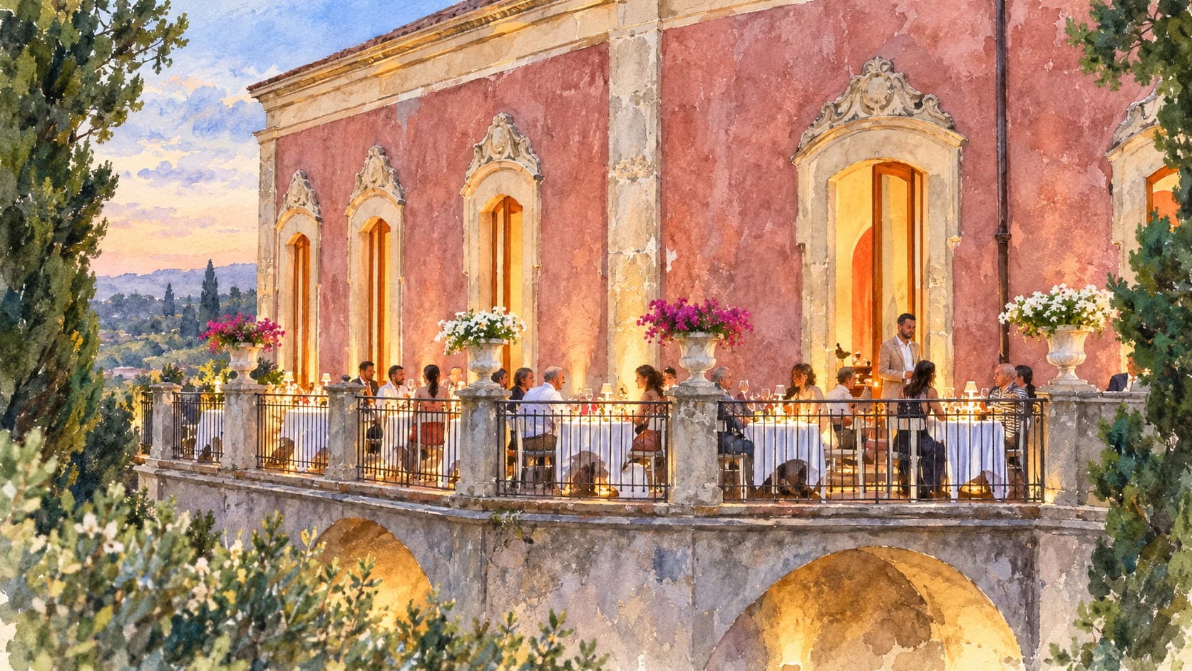 A watercolour of guests at candlelit tables on the villa terrace at dusk, the pink facade lit behind them