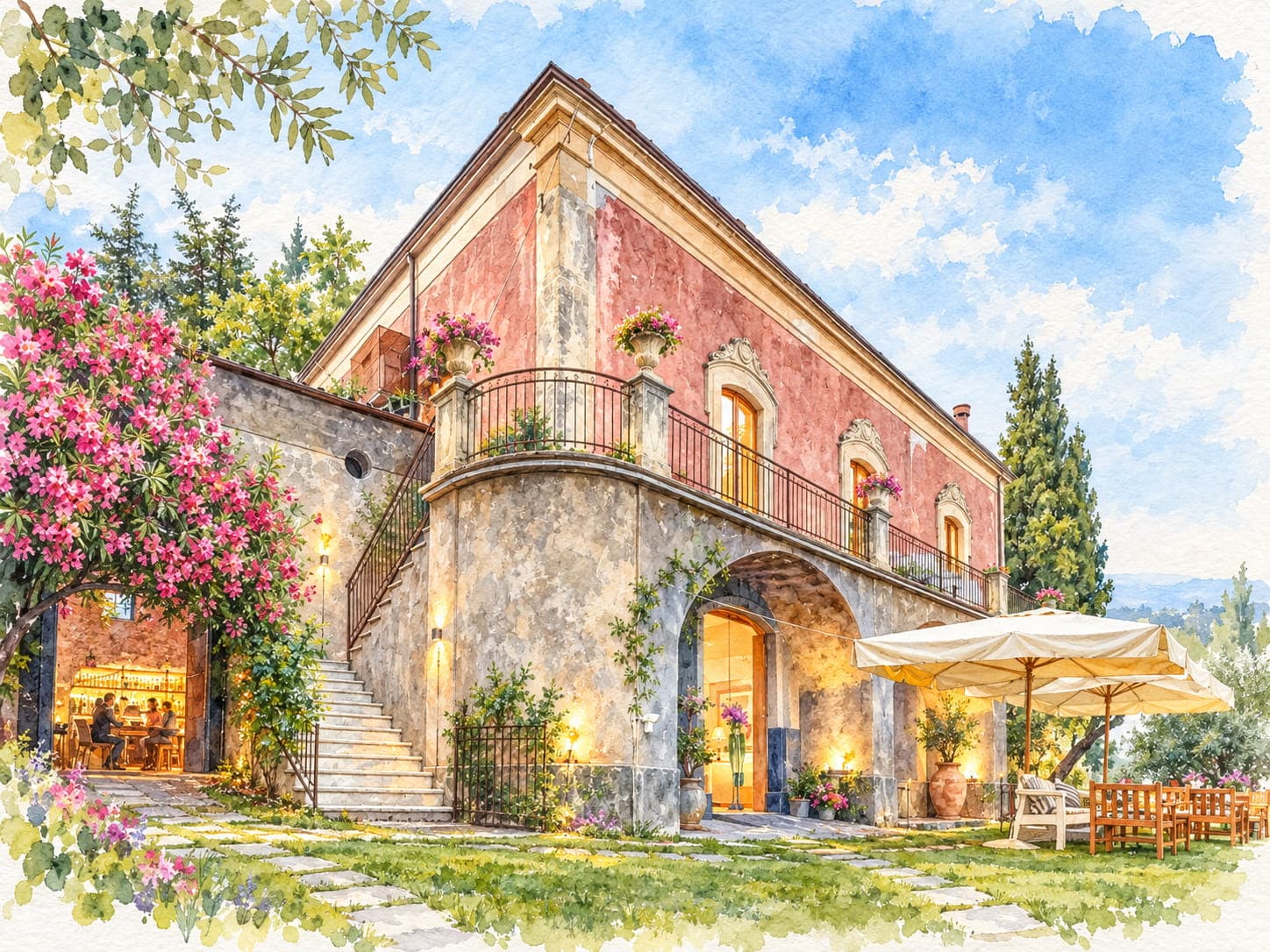 A watercolour of the villa at Monaci delle Terre Nere: the pink facade and its balcony, oleander in flower, the bar lit under the stairs and umbrellas on the lawn
