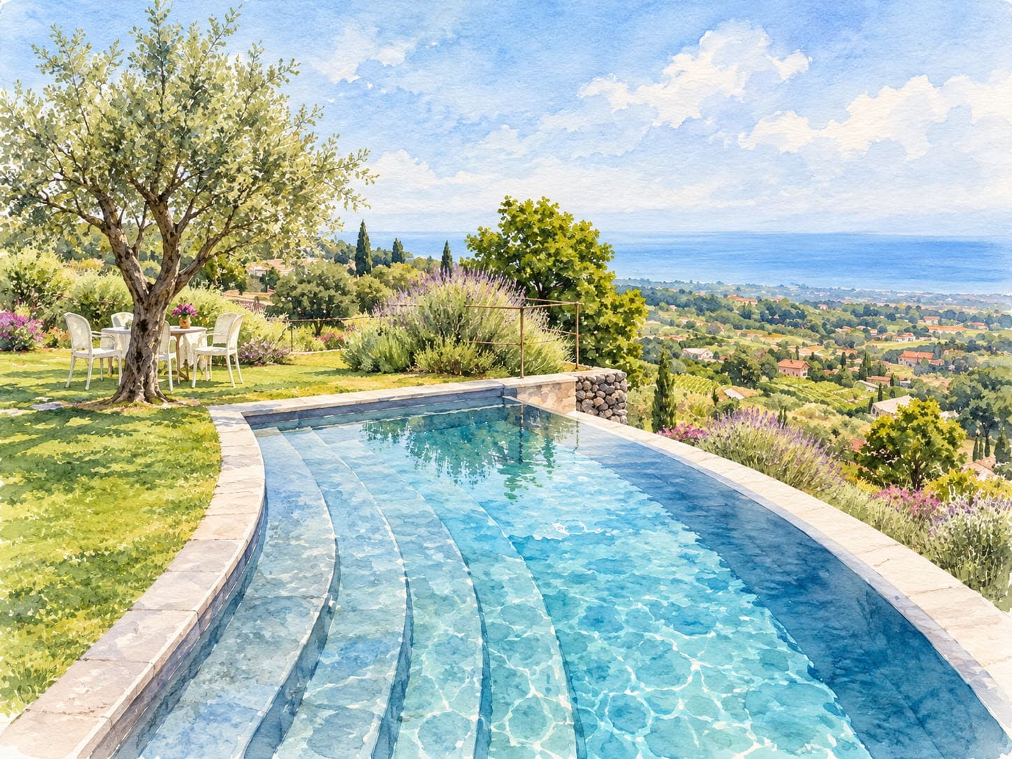 A watercolour of the infinity pool curving across the lawn under an olive tree, the Ionian Sea beyond