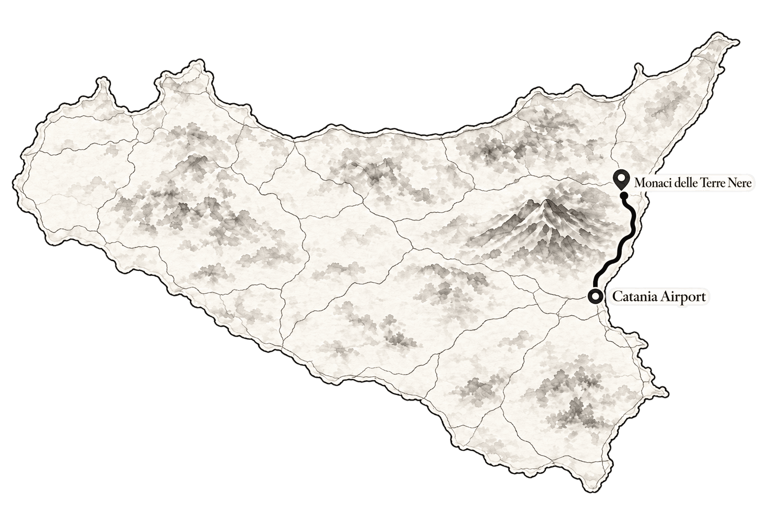 Ink and watercolour map of Sicily, with the drive drawn from Catania Airport on the east coast, north past Etna, to Monaci delle Terre Nere on the volcano's eastern slope